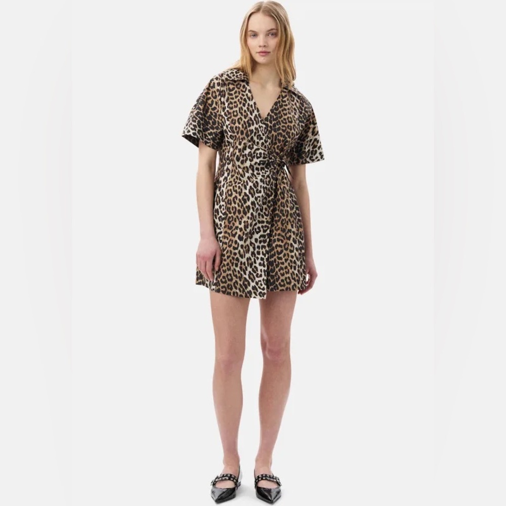 Leopard Printed Cotton Wrap Mini Dress